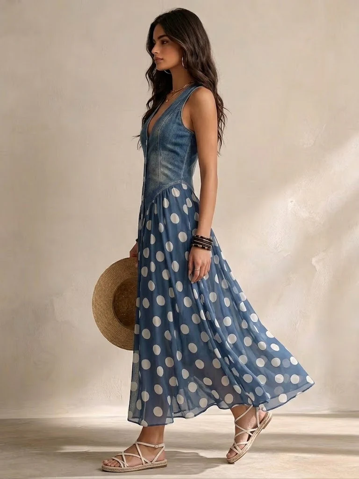 Esmoria | Elegant Denim Dress with Polka Dot Chiffon Skirt