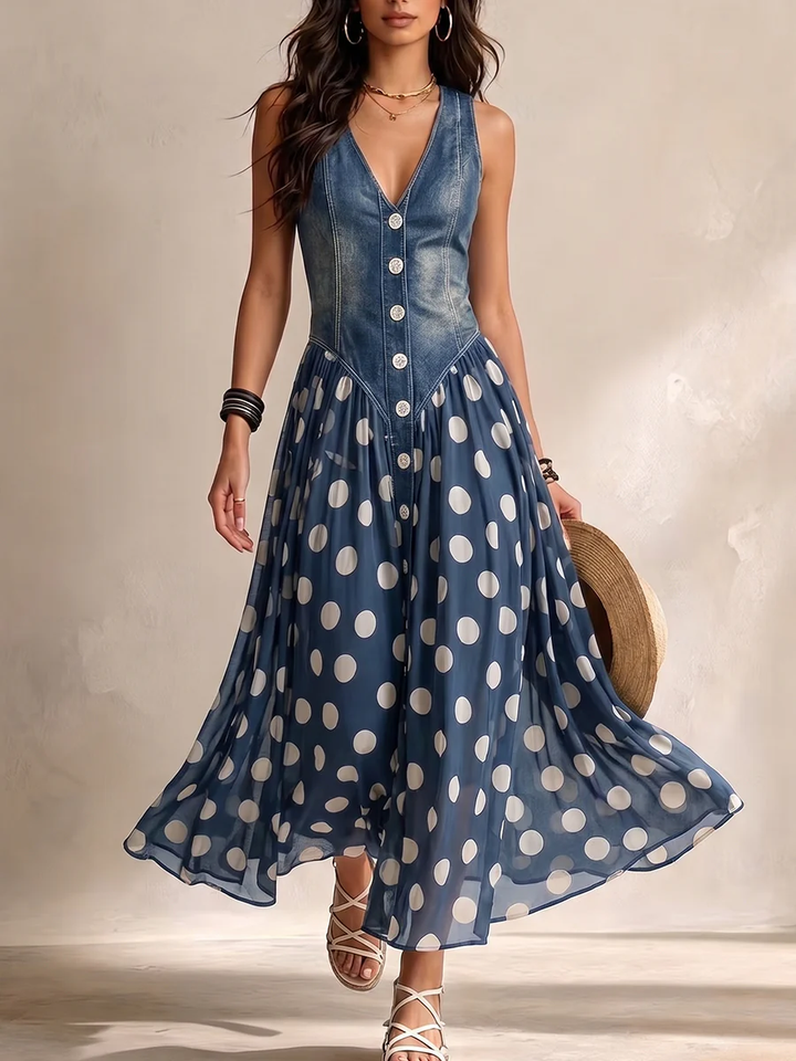 Esmoria | Elegant Denim Dress with Polka Dot Chiffon Skirt