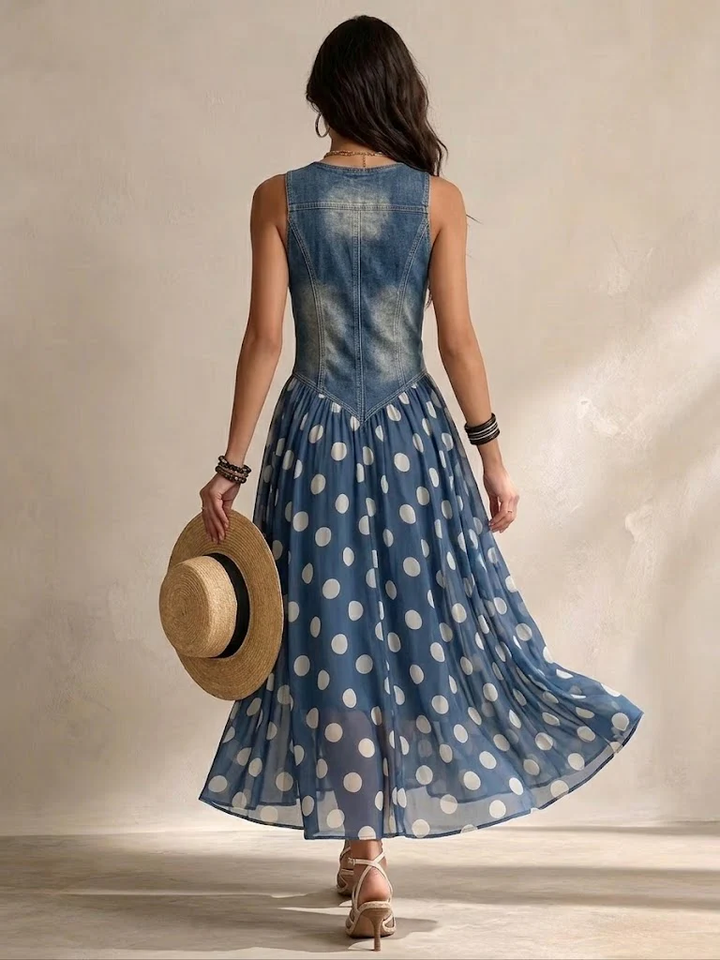 Esmoria | Elegant Denim Dress with Polka Dot Chiffon Skirt